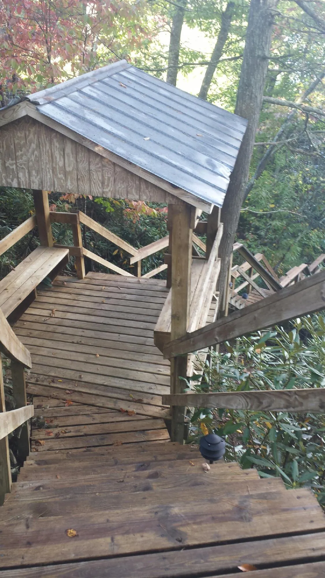 Metal roofed shelter over wooden steps on a wooded walkway — Skylight Repair & Installation work by our crew in Stockdale